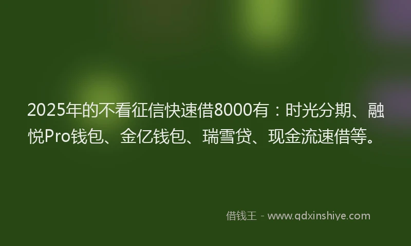 2025年的不看征信快速借8000有：时光分期、融悦Pro钱包、金亿钱包、瑞雪贷、现金流速借等。
