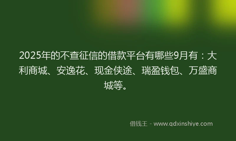 2025年的不查征信的借款平台有哪些9月有：大利商城、安逸花、现金侠途、瑞盈钱包、万盛商城等。
