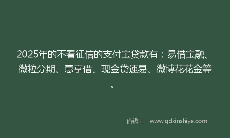 2025年的不看征信的支付宝贷款有：易借宝融、微粒分期、惠享借、现金贷速易、微博花花金等。