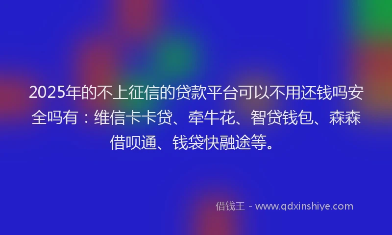 2025年的不上征信的贷款平台可以不用还钱吗安全吗有：维信卡卡贷、牵牛花、智贷钱包、森森借呗通、钱袋快融途等。