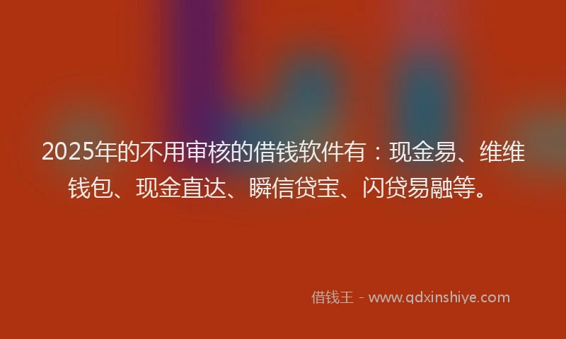 2025年的不用审核的借钱软件有：现金易、维维钱包、现金直达、瞬信贷宝、闪贷易融等。