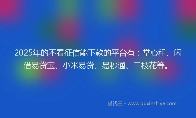 2025年的不看征信能下款的平台有：掌心租、闪借易贷宝、小米易贷、易秒通、三枝花等。