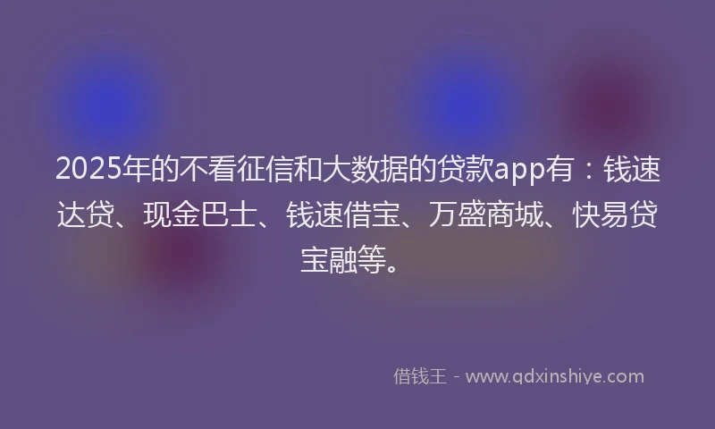 2025年的不看征信和大数据的贷款app有：钱速达贷、现金巴士、钱速借宝、万盛商城、快易贷宝融等。