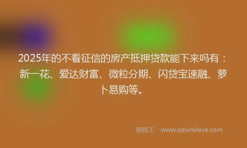 2025年的不看征信的房产抵押贷款能下来吗有：新一花、爱达财富、微粒分期、闪贷宝速融、萝卜易购等。