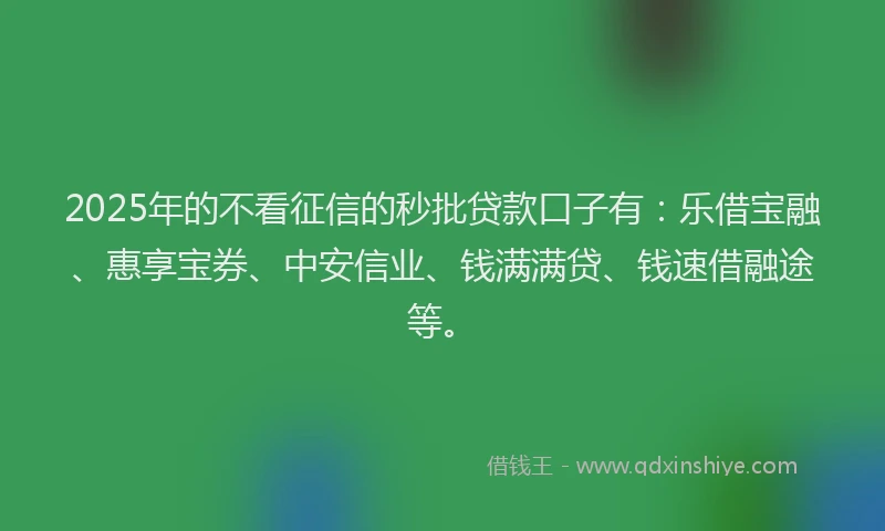 2025年的不看征信的秒批贷款口子有：乐借宝融、惠享宝券、中安信业、钱满满贷、钱速借融途等。