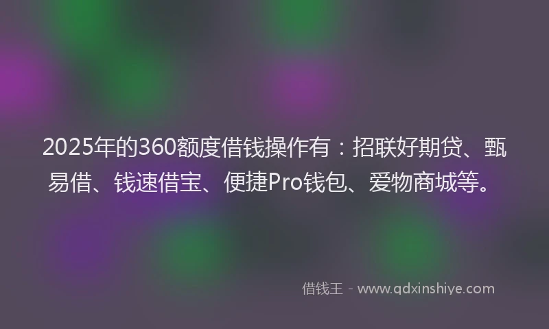 2025年的360额度借钱操作有：招联好期贷、甄易借、钱速借宝、便捷Pro钱包、爱物商城等。