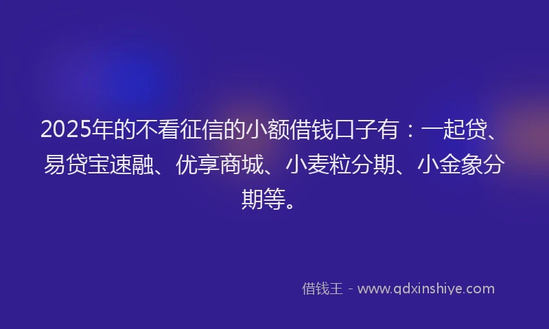 2025年的不看征信的小额借钱口子有：一起贷、易贷宝速融、优享商城、小麦粒分期、小金象分期等。
