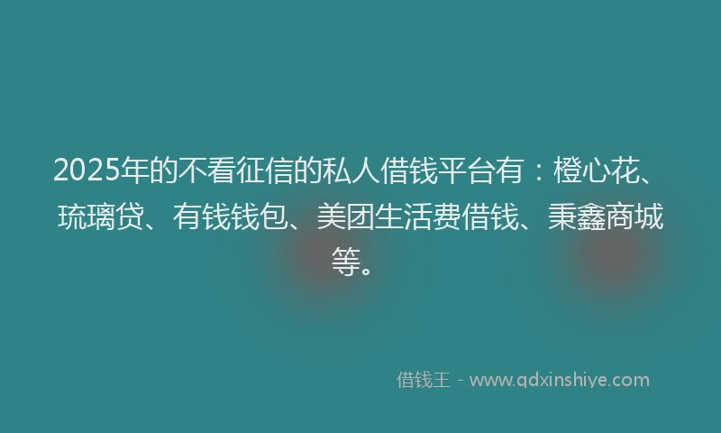 2025年的不看征信的私人借钱平台有：橙心花、琉璃贷、有钱钱包、美团生活费借钱、秉鑫商城等。