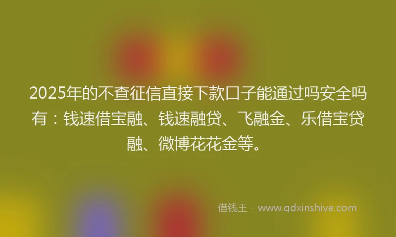 2025年的不查征信直接下款口子能通过吗安全吗有：钱速借宝融、钱速融贷、飞融金、乐借宝贷融、微博花花金等。