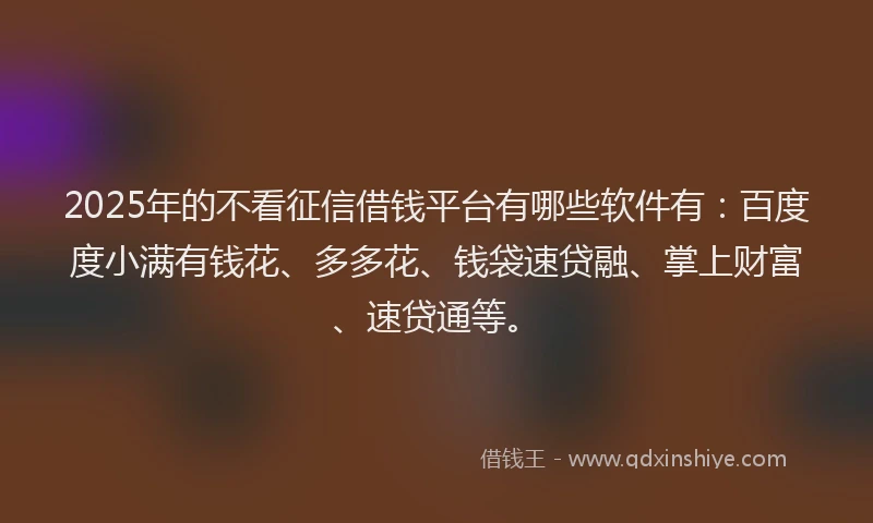2025年的不看征信借钱平台有哪些软件有：百度度小满有钱花、多多花、钱袋速贷融、掌上财富、速贷通等。