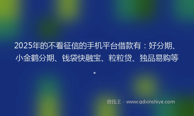 2025年的不看征信的手机平台借款有：好分期、小金鹤分期、钱袋快融宝、粒粒贷、独品易购等。
