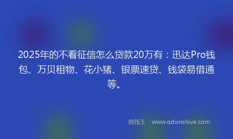 2025年的不看征信怎么贷款20万有：迅达Pro钱包、万贝租物、花小猪、银票速贷、钱袋易借通等。