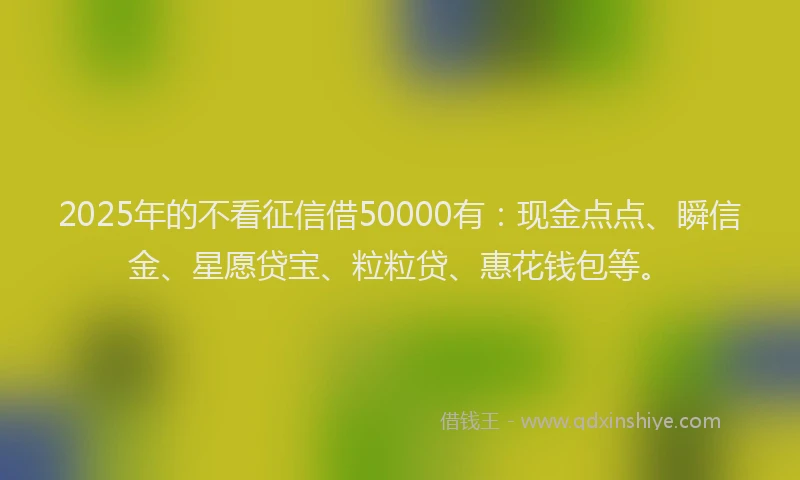 2025年的不看征信借50000有：现金点点、瞬信金、星愿贷宝、粒粒贷、惠花钱包等。