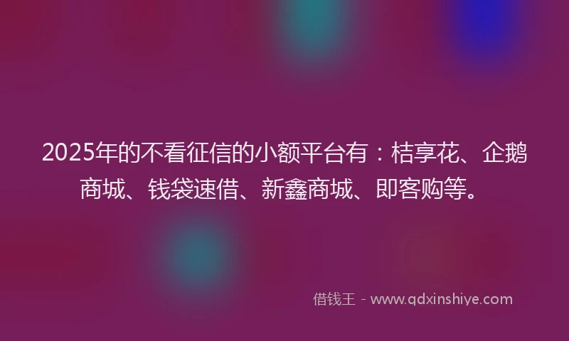 2025年的不看征信的小额平台有：桔享花、企鹅商城、钱袋速借、新鑫商城、即客购等。
