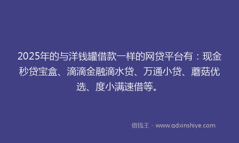 2025年的与洋钱罐借款一样的网贷平台有：现金秒贷宝盒、滴滴金融滴水贷、万通小贷、蘑菇优选、度小满速借等。
