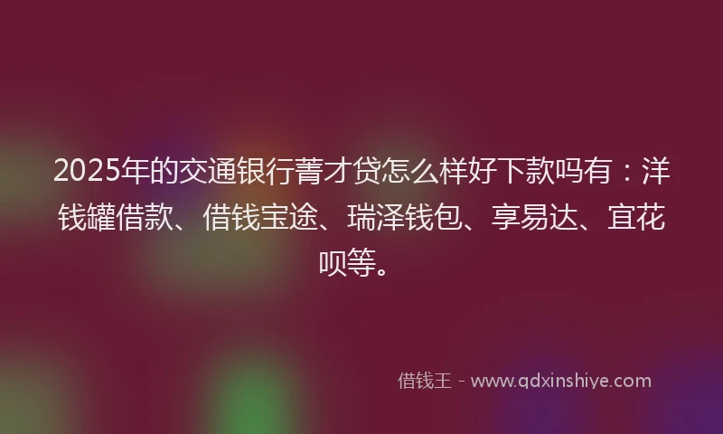 2025年的交通银行菁才贷怎么样好下款吗有：洋钱罐借款、借钱宝途、瑞泽钱包、享易达、宜花呗等。