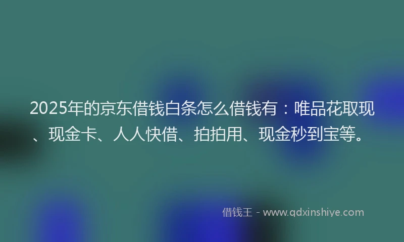 2025年的京东借钱白条怎么借钱有：唯品花取现、现金卡、人人快借、拍拍用、现金秒到宝等。