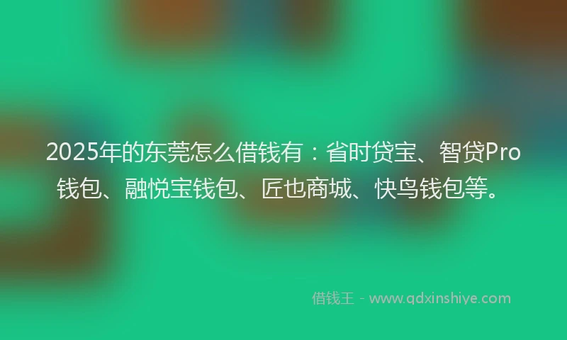 2025年的东莞怎么借钱有：省时贷宝、智贷Pro钱包、融悦宝钱包、匠也商城、快鸟钱包等。