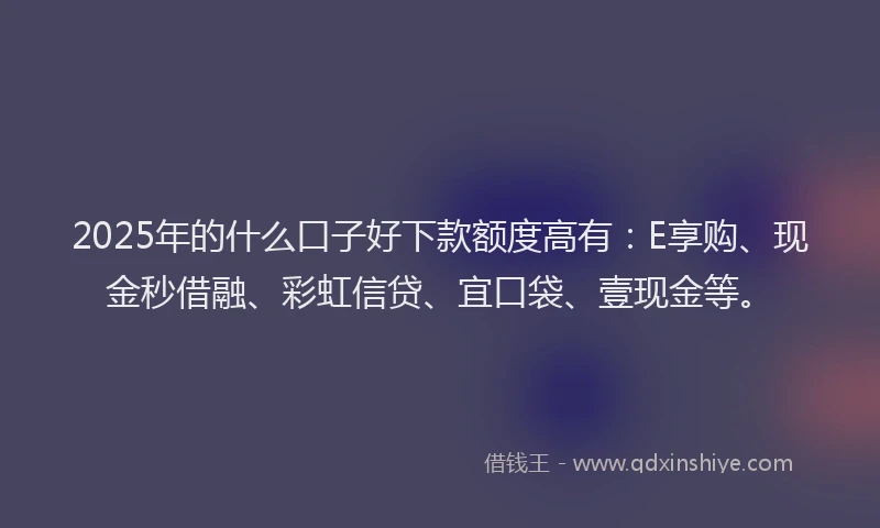 2025年的什么口子好下款额度高有：E享购、现金秒借融、彩虹信贷、宜口袋、壹现金等。