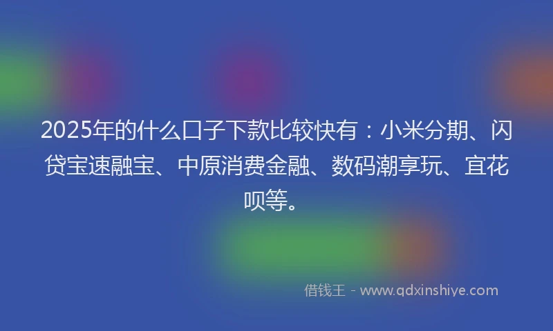 2025年的什么口子下款比较快有：小米分期、闪贷宝速融宝、中原消费金融、数码潮享玩、宜花呗等。