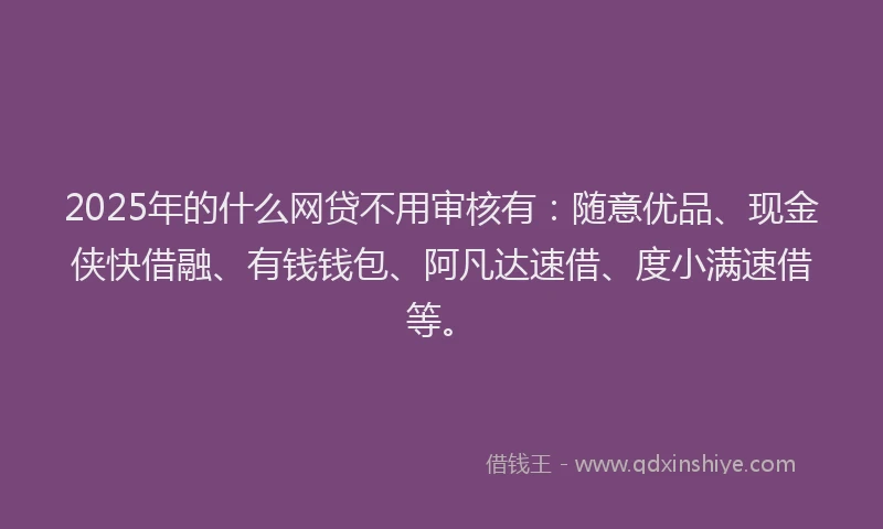 2025年的什么网贷不用审核有：随意优品、现金侠快借融、有钱钱包、阿凡达速借、度小满速借等。