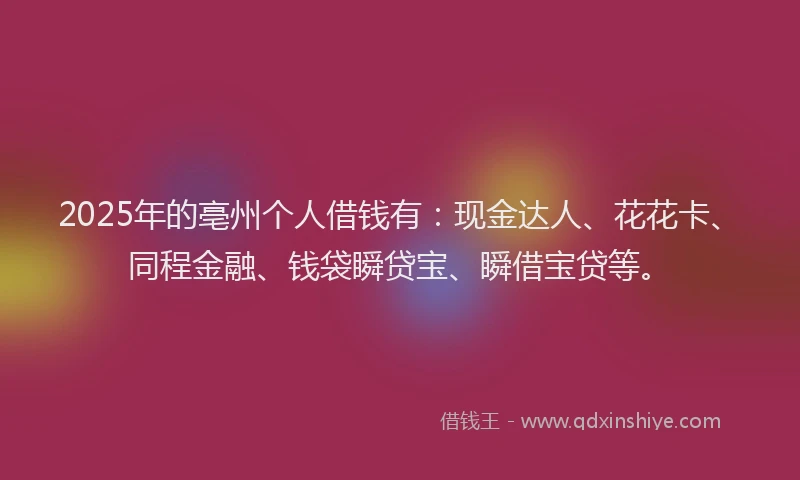 2025年的亳州个人借钱有：现金达人、花花卡、同程金融、钱袋瞬贷宝、瞬借宝贷等。