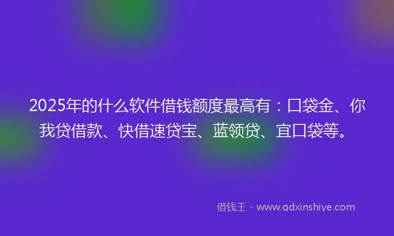 2025年的什么软件借钱额度最高有：口袋金、你我贷借款、快借速贷宝、蓝领贷、宜口袋等。