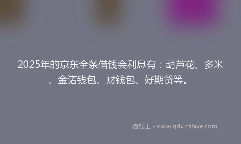 2025年的京东全条借钱会利息有：葫芦花、多米、金诺钱包、财钱包、好期贷等。