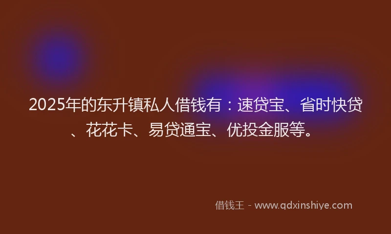 2025年的东升镇私人借钱有：速贷宝、省时快贷、花花卡、易贷通宝、优投金服等。