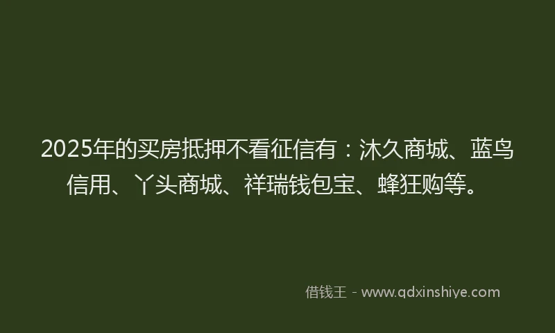 2025年的买房抵押不看征信有：沐久商城、蓝鸟信用、丫头商城、祥瑞钱包宝、蜂狂购等。