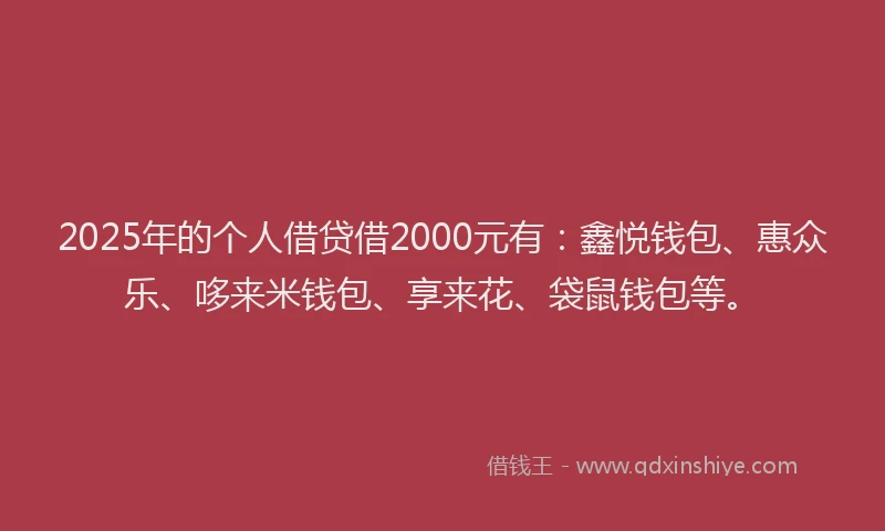 2025年的个人借贷借2000元有：鑫悦钱包、惠众乐、哆来米钱包、享来花、袋鼠钱包等。