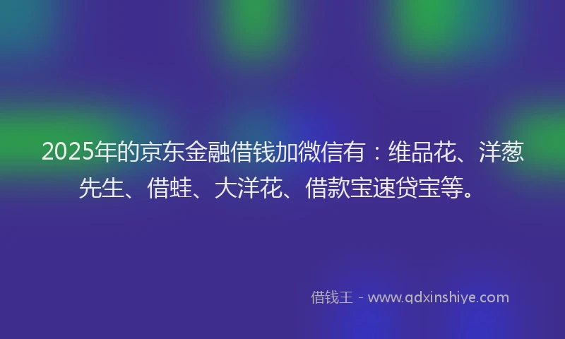 2025年的京东金融借钱加微信有：维品花、洋葱先生、借蛙、大洋花、借款宝速贷宝等。