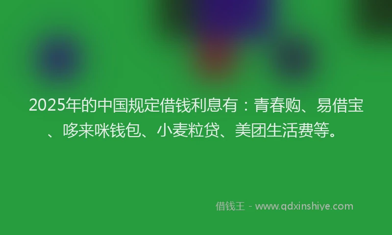 2025年的中国规定借钱利息有：青春购、易借宝、哆来咪钱包、小麦粒贷、美团生活费等。