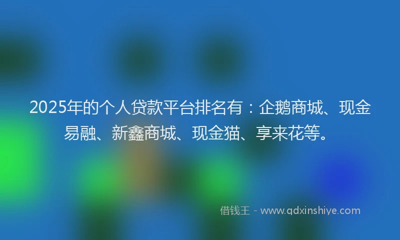 2025年的个人贷款平台排名有：企鹅商城、现金易融、新鑫商城、现金猫、享来花等。