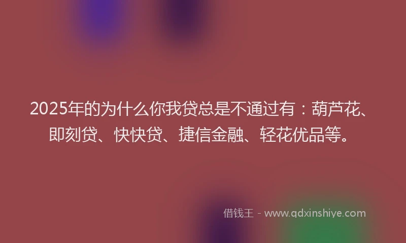 2025年的为什么你我贷总是不通过有：葫芦花、即刻贷、快快贷、捷信金融、轻花优品等。