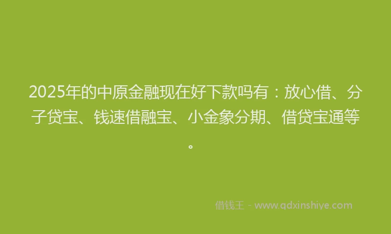 2025年的中原金融现在好下款吗有：放心借、分子贷宝、钱速借融宝、小金象分期、借贷宝通等。