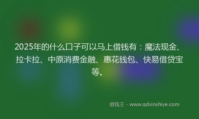 2025年的什么口子可以马上借钱有：魔法现金、拉卡拉、中原消费金融、惠花钱包、快易借贷宝等。