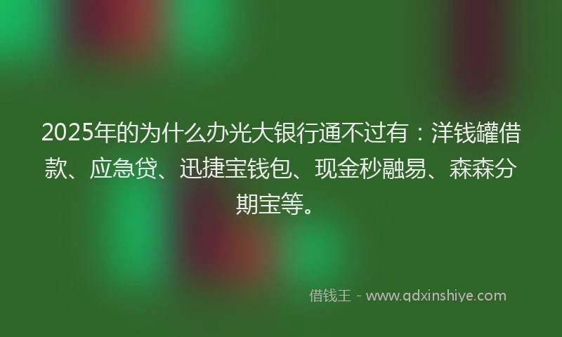 2025年的为什么办光大银行通不过有：洋钱罐借款、应急贷、迅捷宝钱包、现金秒融易、森森分期宝等。