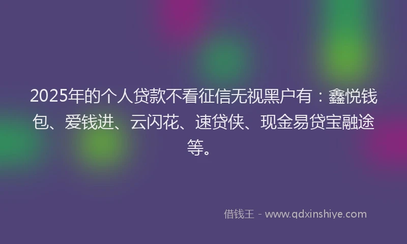 2025年的个人贷款不看征信无视黑户有：鑫悦钱包、爱钱进、云闪花、速贷侠、现金易贷宝融途等。