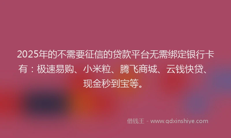 2025年的不需要征信的贷款平台无需绑定银行卡有：极速易购、小米粒、腾飞商城、云钱快贷、现金秒到宝等。