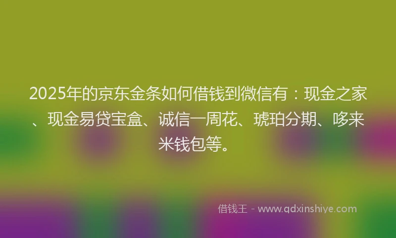 2025年的京东金条如何借钱到微信有：现金之家、现金易贷宝盒、诚信一周花、琥珀分期、哆来米钱包等。