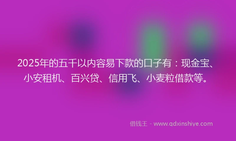 2025年的五千以内容易下款的口子有：现金宝、小安租机、百兴贷、信用飞、小麦粒借款等。