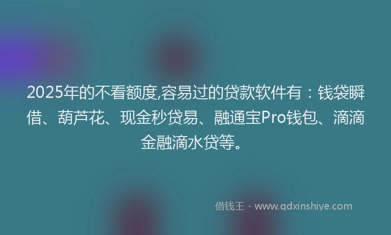 2025年的不看额度,容易过的贷款软件有：钱袋瞬借、葫芦花、现金秒贷易、融通宝Pro钱包、滴滴金融滴水贷等。
