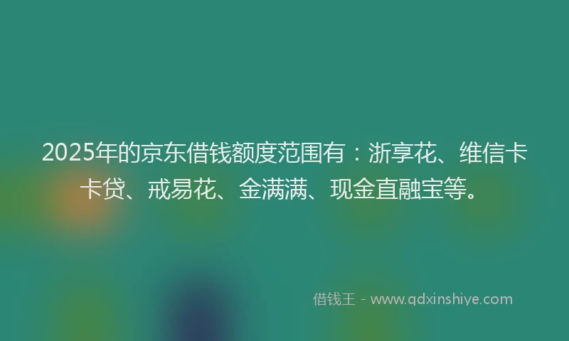 2025年的京东借钱额度范围有：浙享花、维信卡卡贷、戒易花、金满满、现金直融宝等。