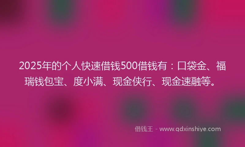 2025年的个人快速借钱500借钱有：口袋金、福瑞钱包宝、度小满、现金侠行、现金速融等。