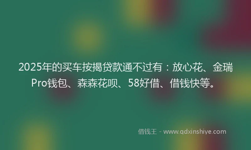 2025年的买车按揭贷款通不过有：放心花、金瑞Pro钱包、森森花呗、58好借、借钱快等。