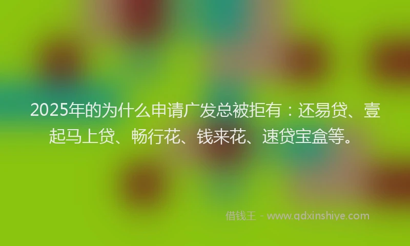 2025年的为什么申请广发总被拒有：还易贷、壹起马上贷、畅行花、钱来花、速贷宝盒等。