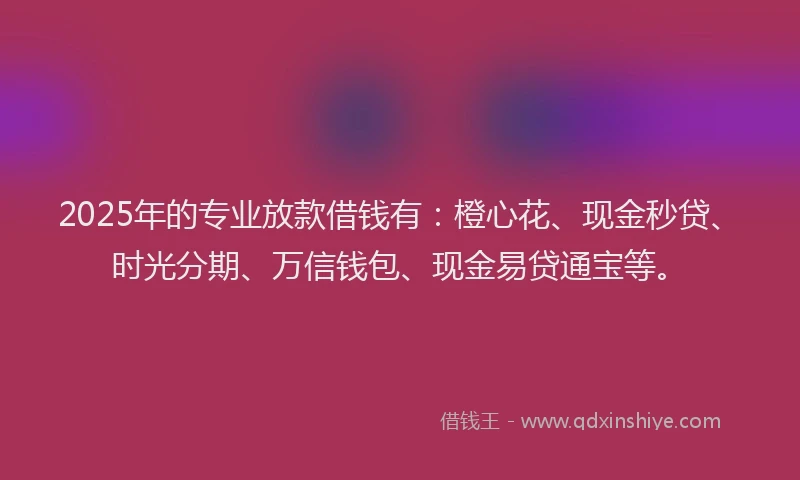 2025年的专业放款借钱有：橙心花、现金秒贷、时光分期、万信钱包、现金易贷通宝等。