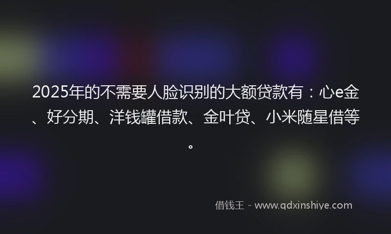2025年的不需要人脸识别的大额贷款有：心e金、好分期、洋钱罐借款、金叶贷、小米随星借等。