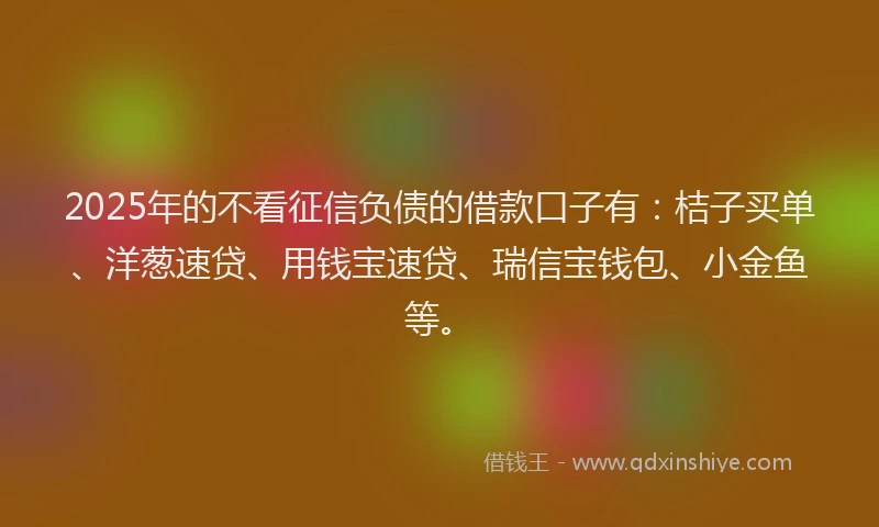 2025年的不看征信负债的借款口子有：桔子买单、洋葱速贷、用钱宝速贷、瑞信宝钱包、小金鱼等。